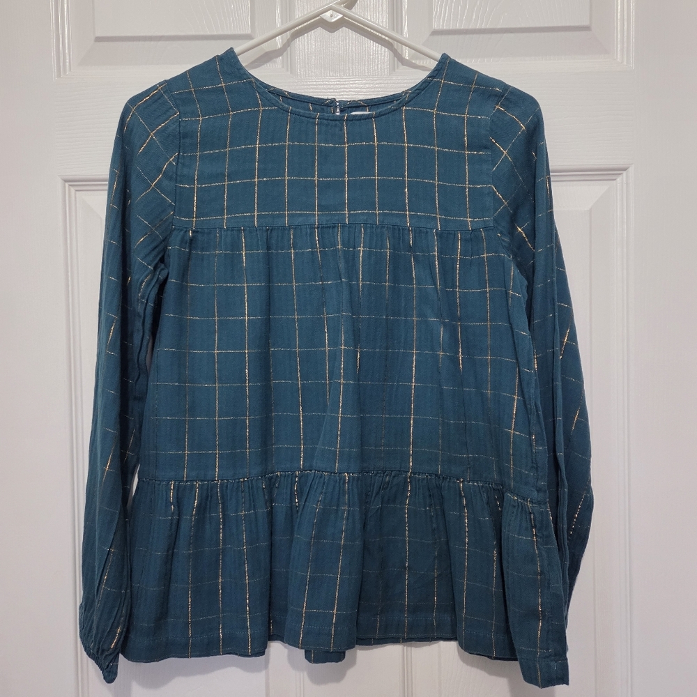 Cat & Jack Girls Turquoise Metallic Stripe Long Sleeve Peplum Top Size XL 14/16